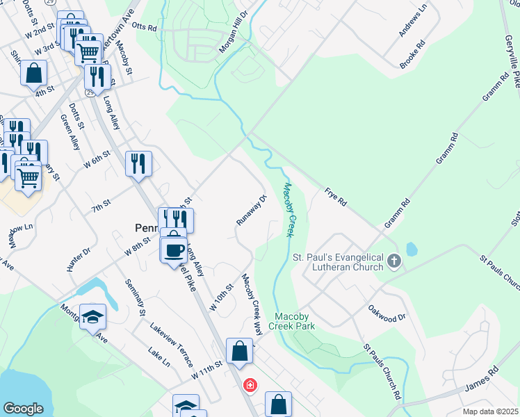 map of restaurants, bars, coffee shops, grocery stores, and more near 1028 Runaway Drive in Pennsburg