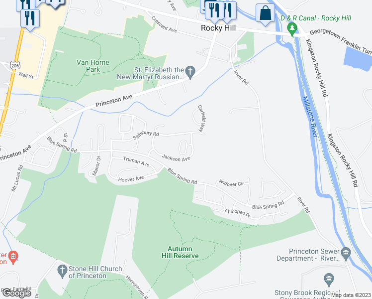map of restaurants, bars, coffee shops, grocery stores, and more near McKinley Court in Princeton