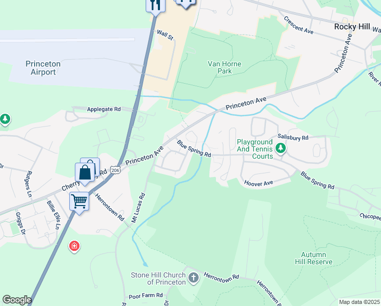 map of restaurants, bars, coffee shops, grocery stores, and more near 72 Scarlet Oak Drive in Princeton