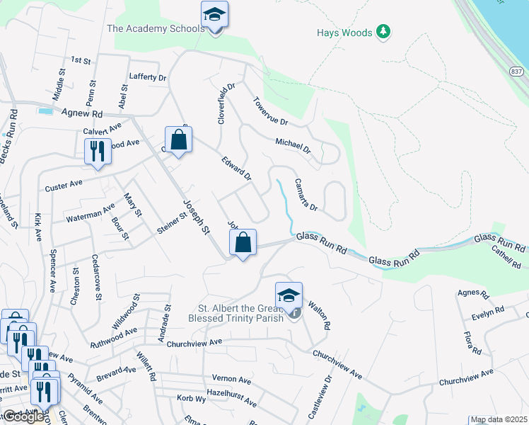 map of restaurants, bars, coffee shops, grocery stores, and more near 1136 Edward Drive in Pittsburgh