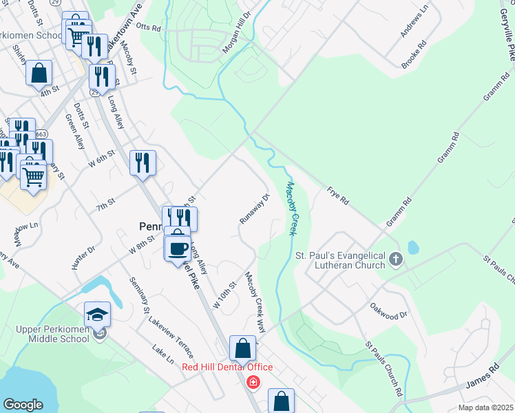 map of restaurants, bars, coffee shops, grocery stores, and more near 1023 Runaway Drive in Pennsburg