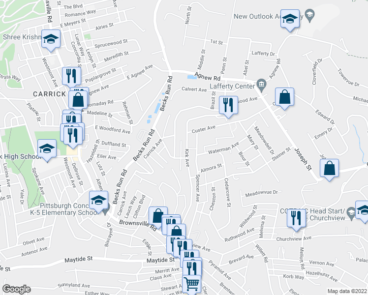 map of restaurants, bars, coffee shops, grocery stores, and more near 421 Kirk Avenue in Pittsburgh