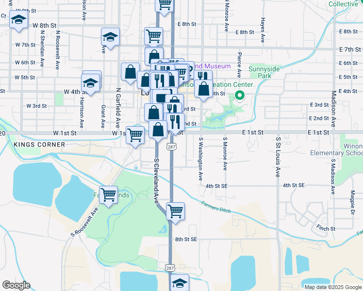 map of restaurants, bars, coffee shops, grocery stores, and more near 129 South Jefferson Avenue in Loveland