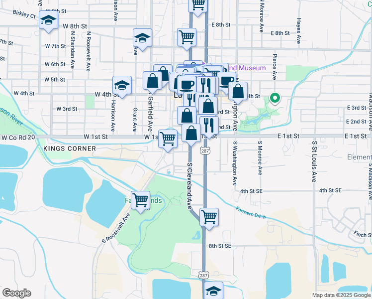 map of restaurants, bars, coffee shops, grocery stores, and more near 129 South Cleveland Avenue in Loveland