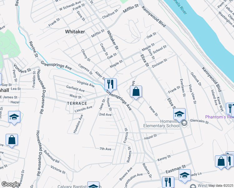 map of restaurants, bars, coffee shops, grocery stores, and more near 3719 Greensprings Avenue in West Mifflin
