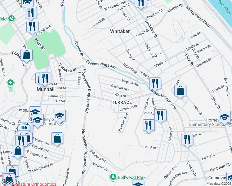 map of restaurants, bars, coffee shops, grocery stores, and more near 3231 West Street in West Mifflin