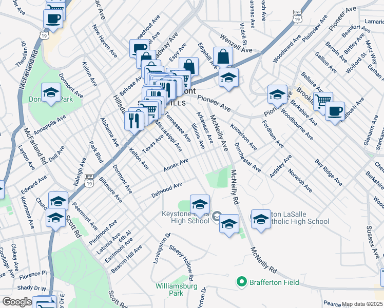 map of restaurants, bars, coffee shops, grocery stores, and more near 1220 Mississippi Avenue in Pittsburgh