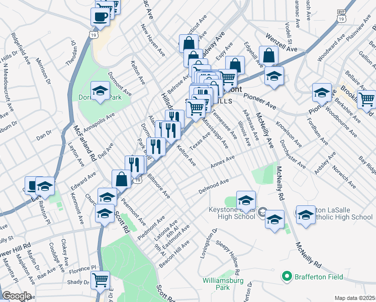 map of restaurants, bars, coffee shops, grocery stores, and more near 1312 Kelton Avenue in Pittsburgh