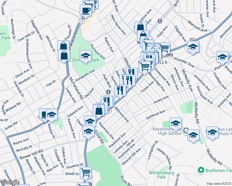 map of restaurants, bars, coffee shops, grocery stores, and more near in Dormont