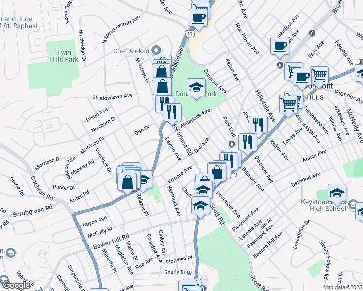 map of restaurants, bars, coffee shops, grocery stores, and more near in Dormont