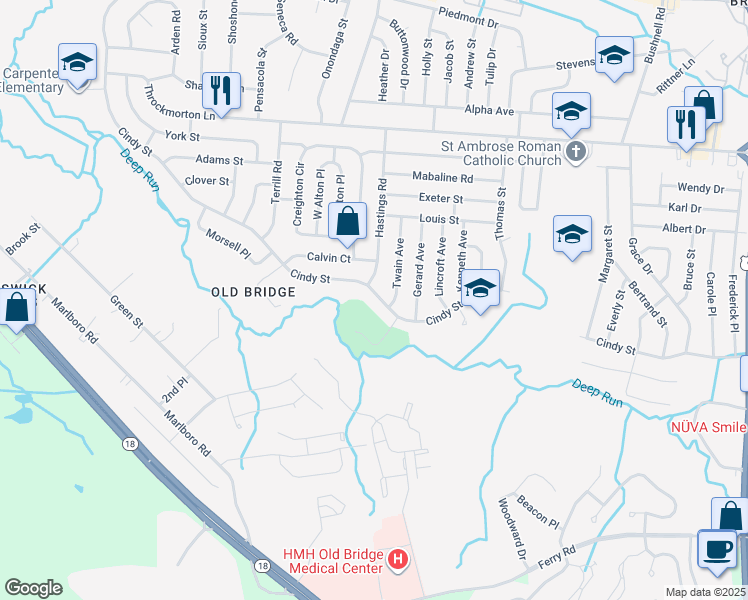 map of restaurants, bars, coffee shops, grocery stores, and more near 149 Cindy Street in Old Bridge