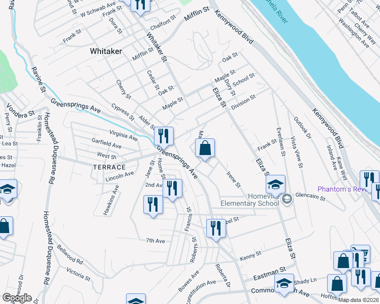 map of restaurants, bars, coffee shops, grocery stores, and more near 3806 Clark Street in West Mifflin