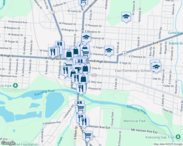 map of restaurants, bars, coffee shops, grocery stores, and more near 105 East Gambier Street in Mount Vernon