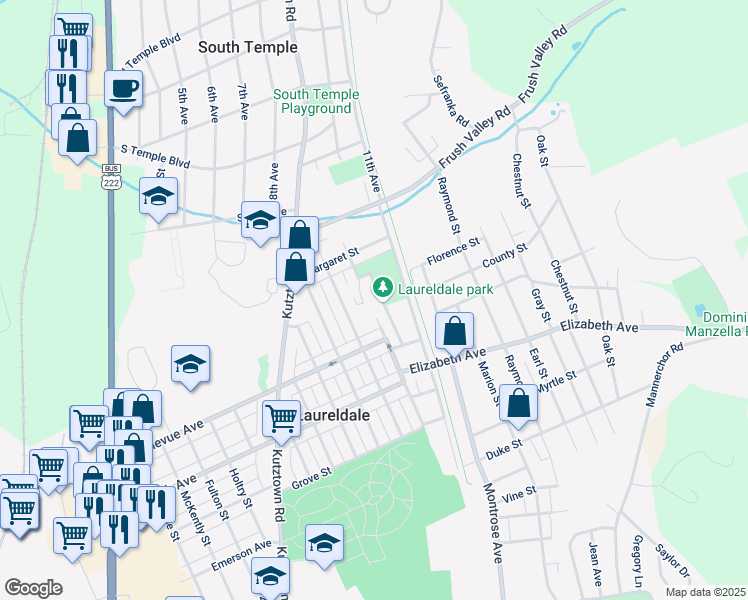 map of restaurants, bars, coffee shops, grocery stores, and more near 3598 Hawthorne Street in Reading