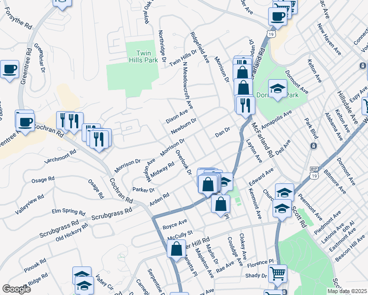 map of restaurants, bars, coffee shops, grocery stores, and more near 530 Lyndhurst Ave in Pittsburgh