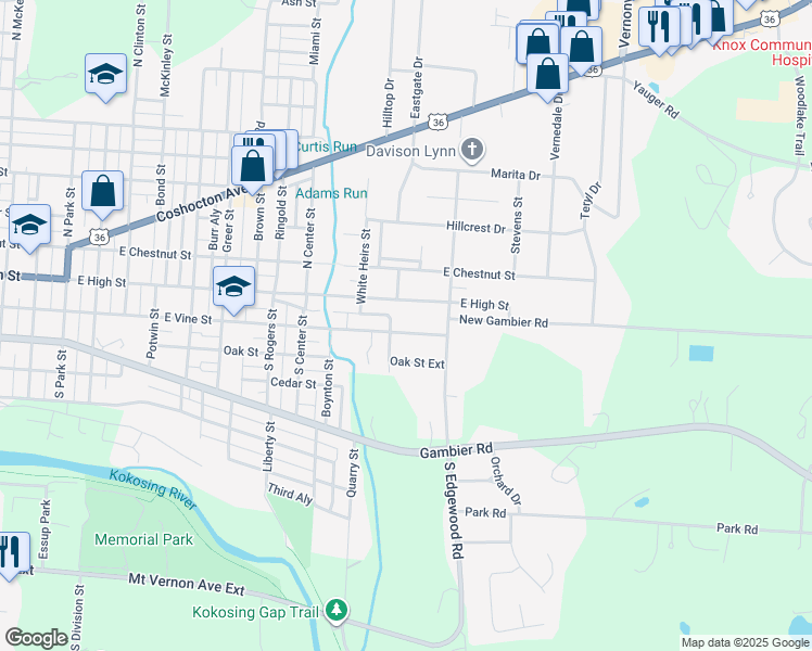 map of restaurants, bars, coffee shops, grocery stores, and more near 1105 East Vine Street in Mount Vernon