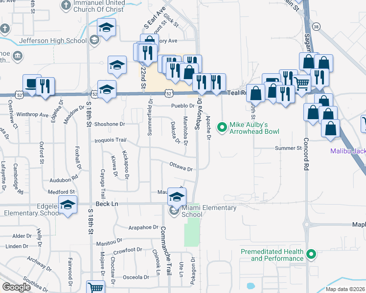 map of restaurants, bars, coffee shops, grocery stores, and more near 2400 Manitoba Drive in Lafayette