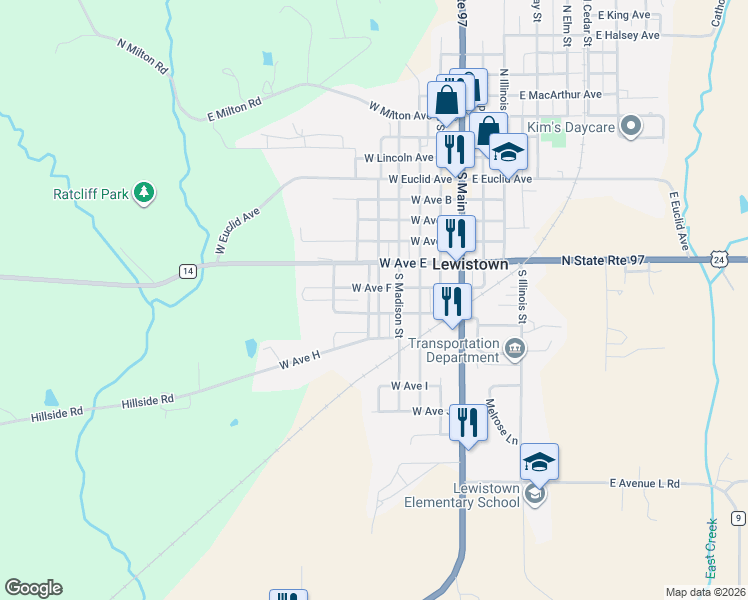 map of restaurants, bars, coffee shops, grocery stores, and more near 710 South Monroe Street in Lewistown