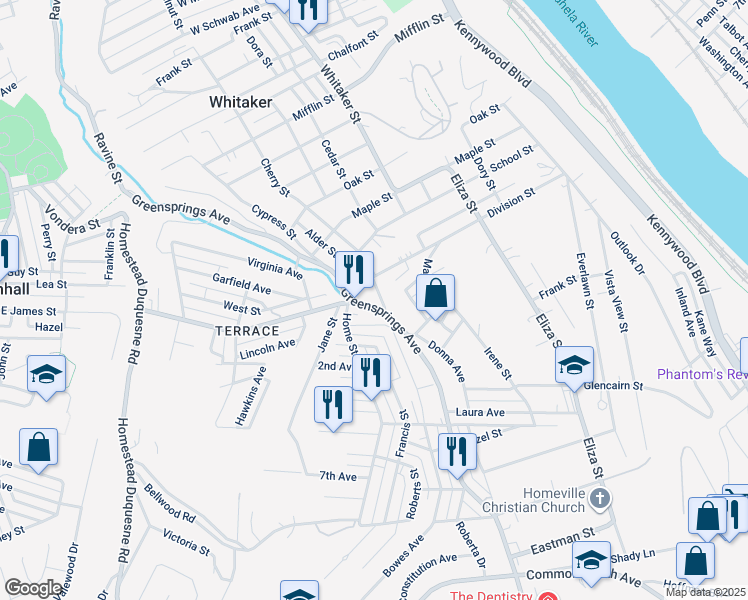 map of restaurants, bars, coffee shops, grocery stores, and more near 3719 Greensprings Avenue in West Mifflin