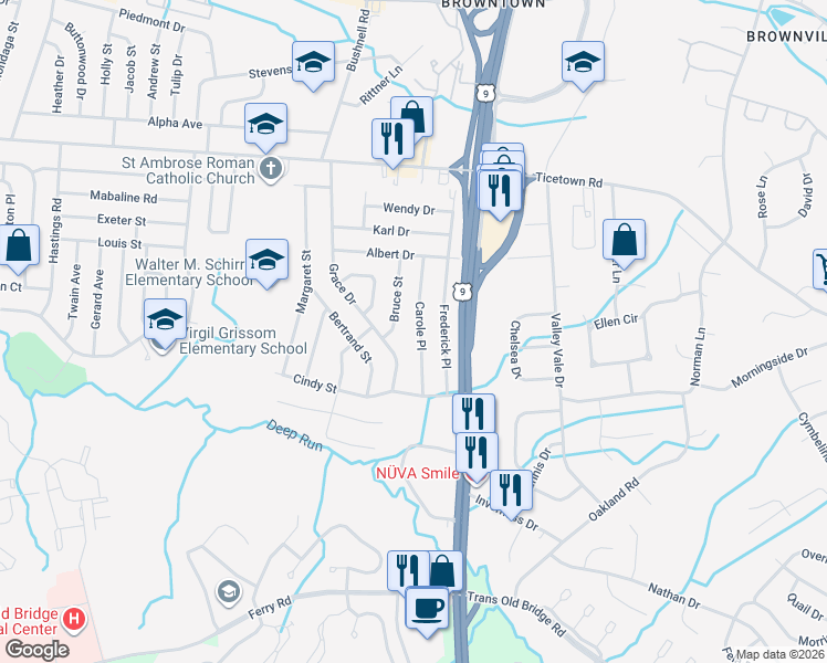 map of restaurants, bars, coffee shops, grocery stores, and more near 23 Carole Place in Old Bridge Township