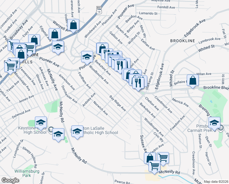 map of restaurants, bars, coffee shops, grocery stores, and more near 827 Woodbourne Avenue in Pittsburgh