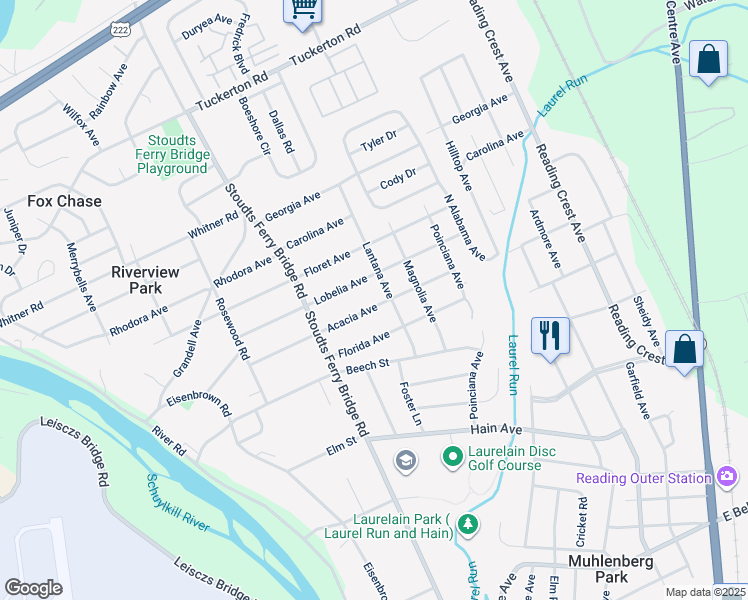 map of restaurants, bars, coffee shops, grocery stores, and more near 713 Acacia Avenue in Reading