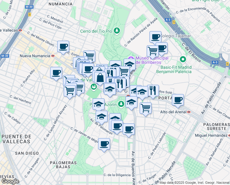 map of restaurants, bars, coffee shops, grocery stores, and more near 153 Avenida de la Albufera in Madrid