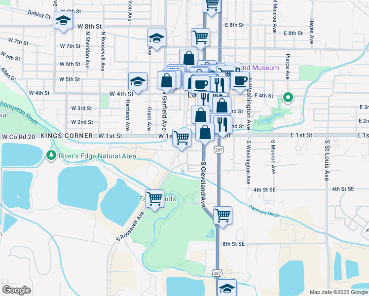map of restaurants, bars, coffee shops, grocery stores, and more near 103 S Railroad Ave in Loveland
