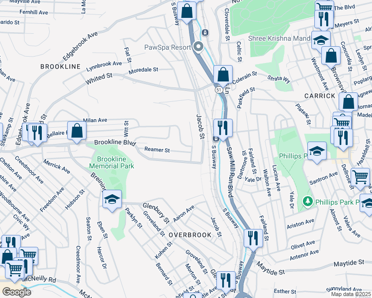 map of restaurants, bars, coffee shops, grocery stores, and more near 1637 Reamer Street in Pittsburgh