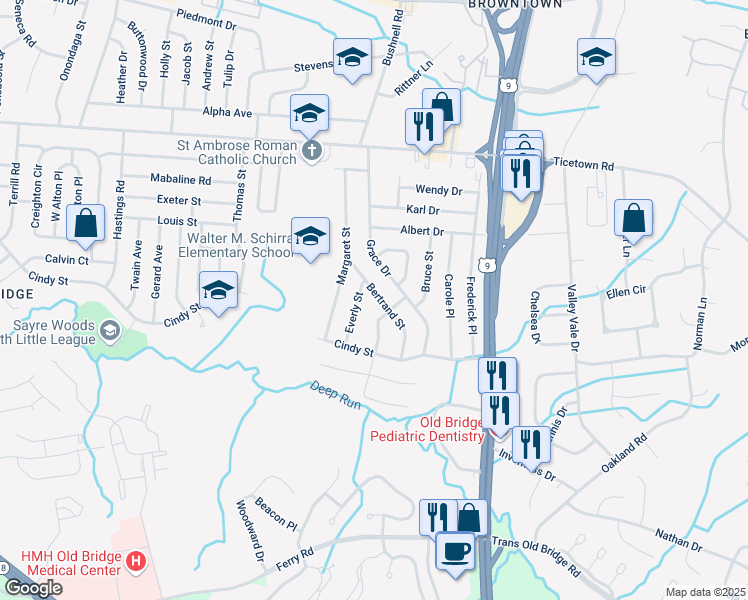 map of restaurants, bars, coffee shops, grocery stores, and more near 17 Bertrand Street in Old Bridge