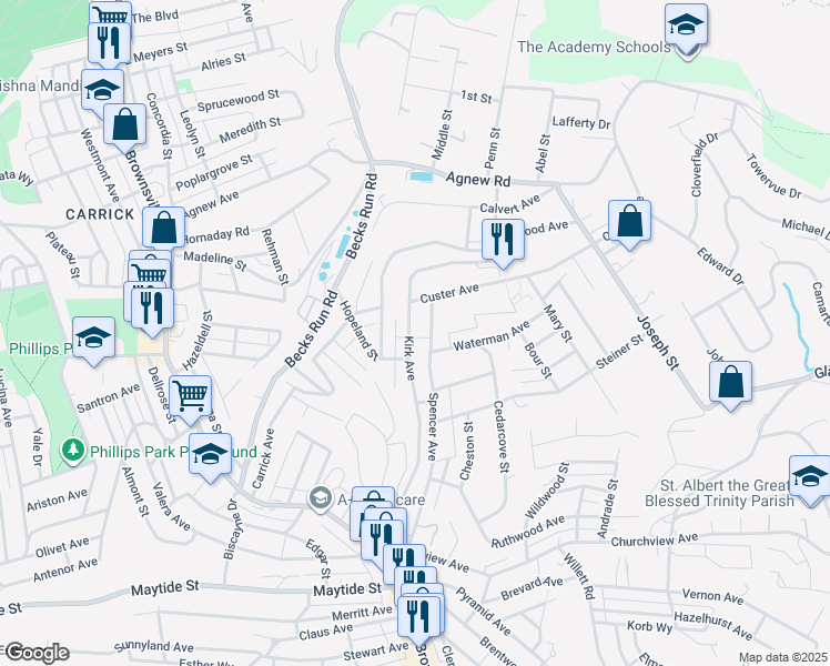 map of restaurants, bars, coffee shops, grocery stores, and more near 420 Kirk Avenue in Pittsburgh