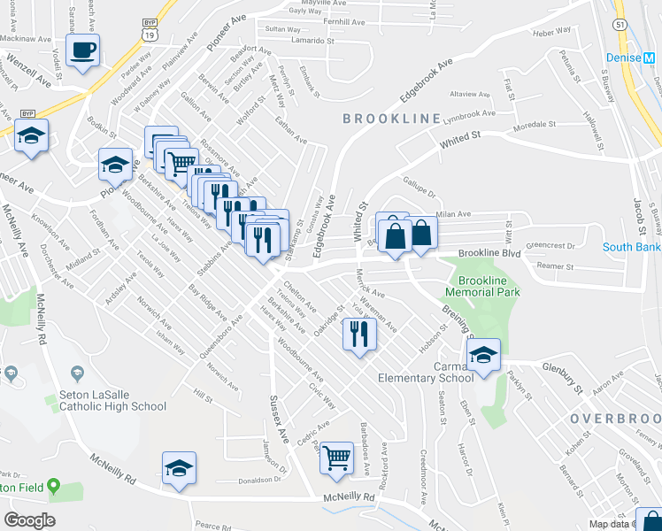 map of restaurants, bars, coffee shops, grocery stores, and more near 1132 Brookline Boulevard in Pittsburgh