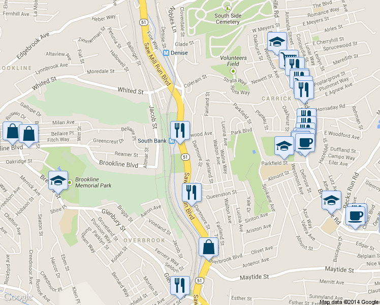 map of restaurants, bars, coffee shops, grocery stores, and more near 2029 Saw Mill Run Blvd in Pittsburgh