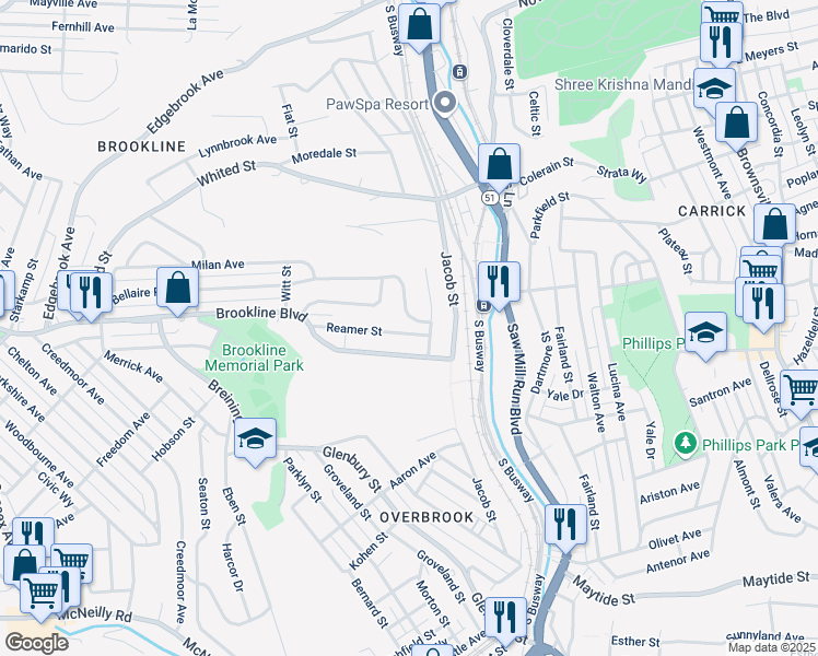 map of restaurants, bars, coffee shops, grocery stores, and more near 1637 Reamer Street in Pittsburgh