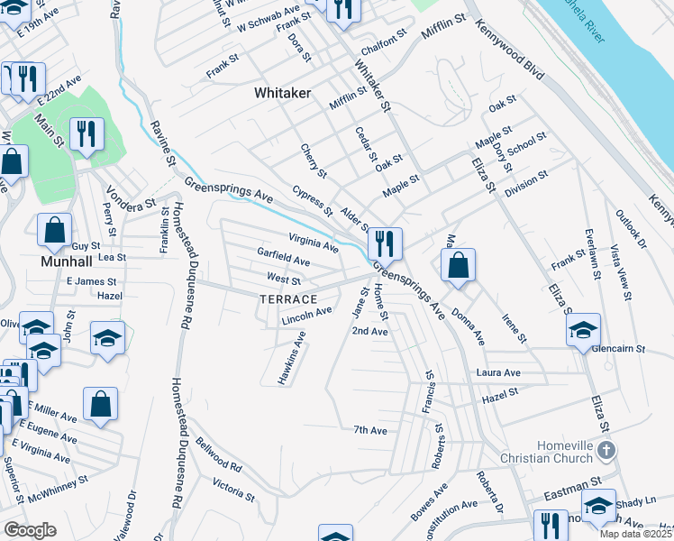 map of restaurants, bars, coffee shops, grocery stores, and more near 3421 Garfield Avenue in West Mifflin