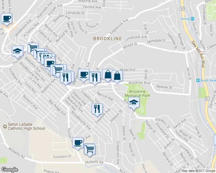 map of restaurants, bars, coffee shops, grocery stores, and more near 1242 Brookline Blvd in Pittsburgh