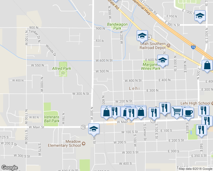 map of restaurants, bars, coffee shops, grocery stores, and more near 394 West 300 North in Lehi