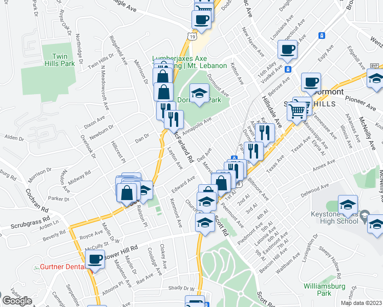 map of restaurants, bars, coffee shops, grocery stores, and more near 1518 McFarland Road in Pittsburgh