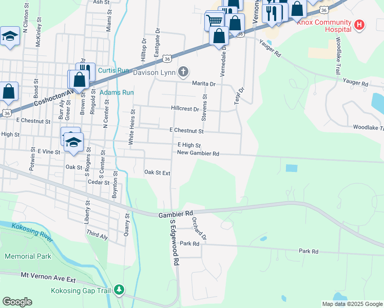 map of restaurants, bars, coffee shops, grocery stores, and more near 94 New Gambier Road in Mount Vernon