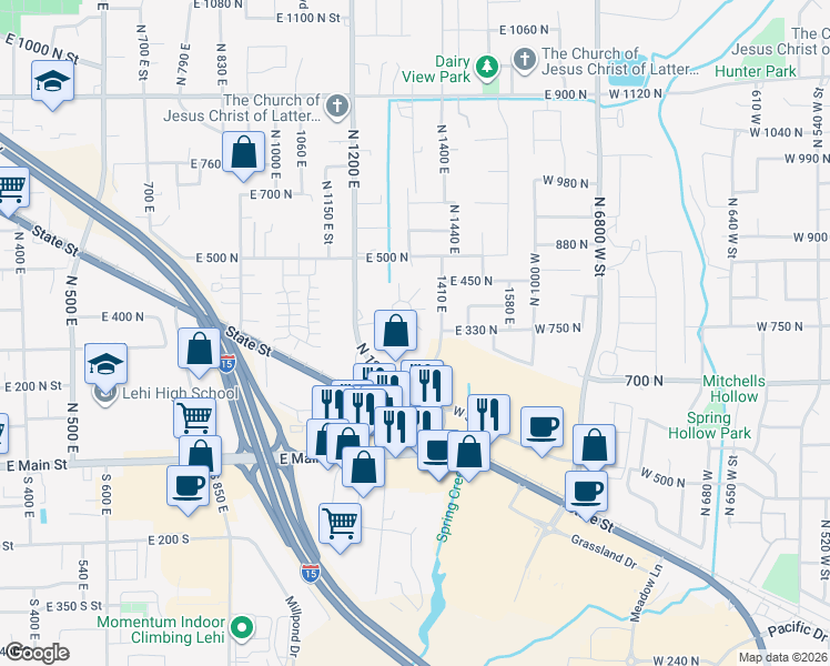 map of restaurants, bars, coffee shops, grocery stores, and more near 321 North 1350 East in Lehi
