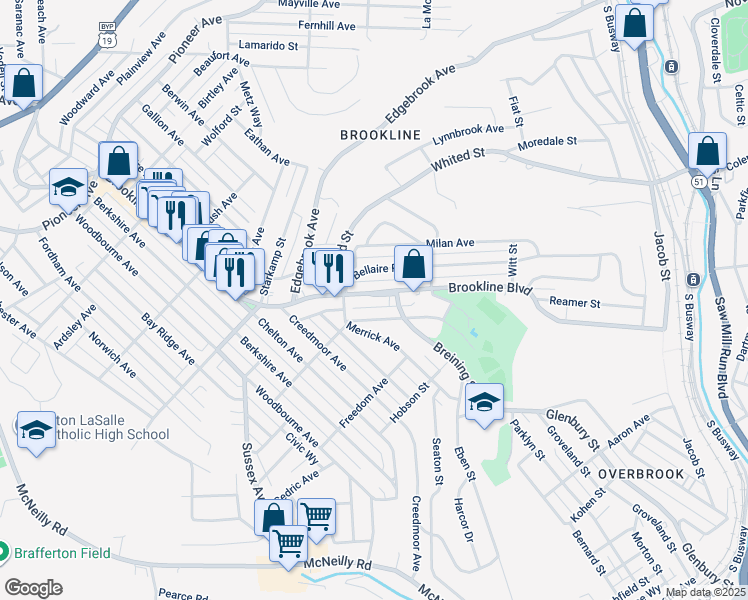 map of restaurants, bars, coffee shops, grocery stores, and more near 1242 Brookline Boulevard in Pittsburgh