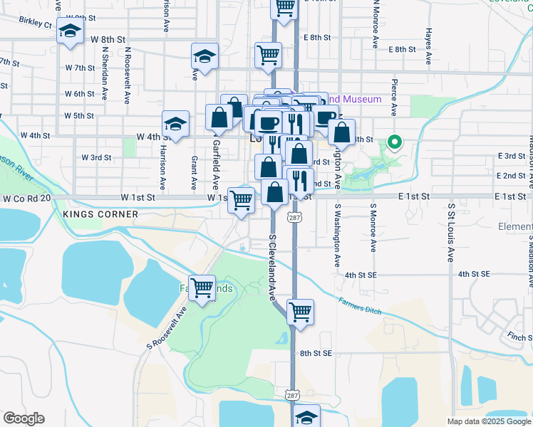 map of restaurants, bars, coffee shops, grocery stores, and more near 129 South Cleveland Avenue in Loveland
