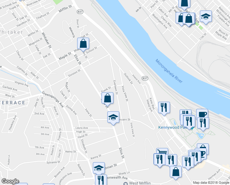 map of restaurants, bars, coffee shops, grocery stores, and more near 3922 Everlawn Street in West Mifflin