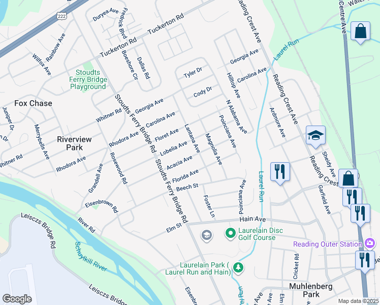 map of restaurants, bars, coffee shops, grocery stores, and more near 713 Acacia Avenue in Reading