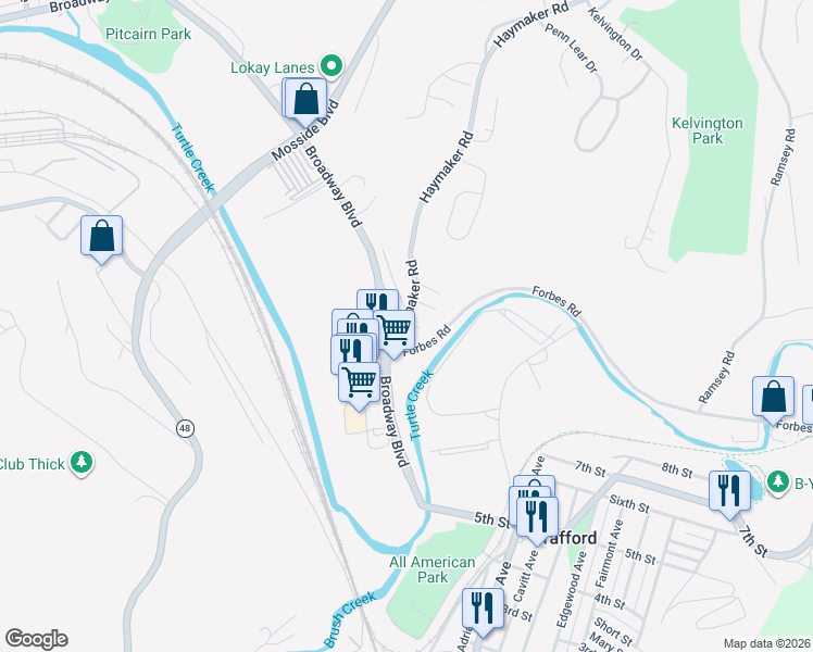 map of restaurants, bars, coffee shops, grocery stores, and more near 1852 Haymaker Road in Monroeville