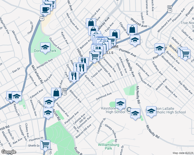 map of restaurants, bars, coffee shops, grocery stores, and more near 1246 Hillsdale Avenue in Pittsburgh