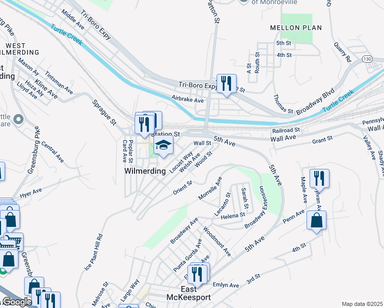 map of restaurants, bars, coffee shops, grocery stores, and more near 250 Welsh Avenue in Wilmerding