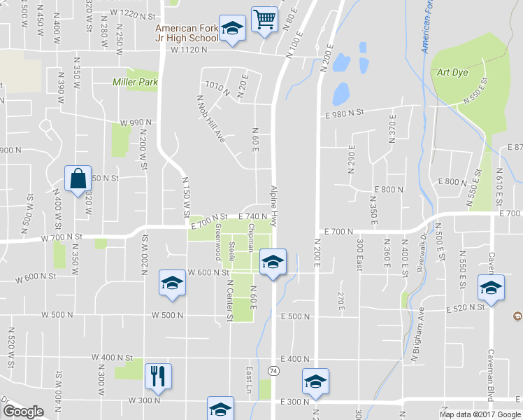 map of restaurants, bars, coffee shops, grocery stores, and more near 70 East 760 North Street in American Fork