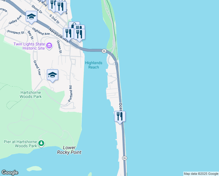 map of restaurants, bars, coffee shops, grocery stores, and more near 41 Waterview Way in Sea Bright