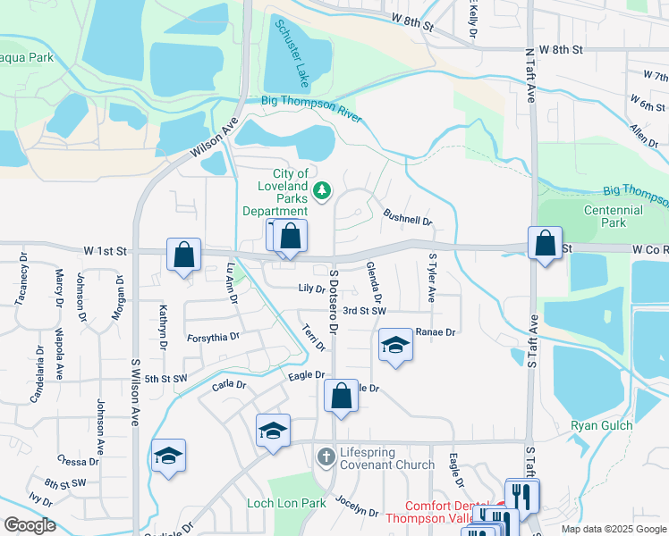map of restaurants, bars, coffee shops, grocery stores, and more near 135 South Dotsero Drive in Loveland